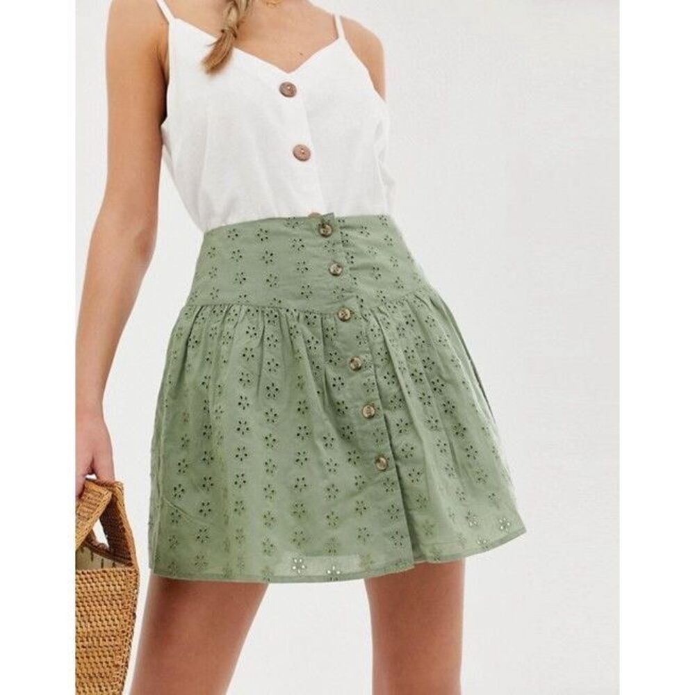 ASOS Design Sage Green Button Front Eyelet Mini Skirt Size 10 - Picture 2 of 8